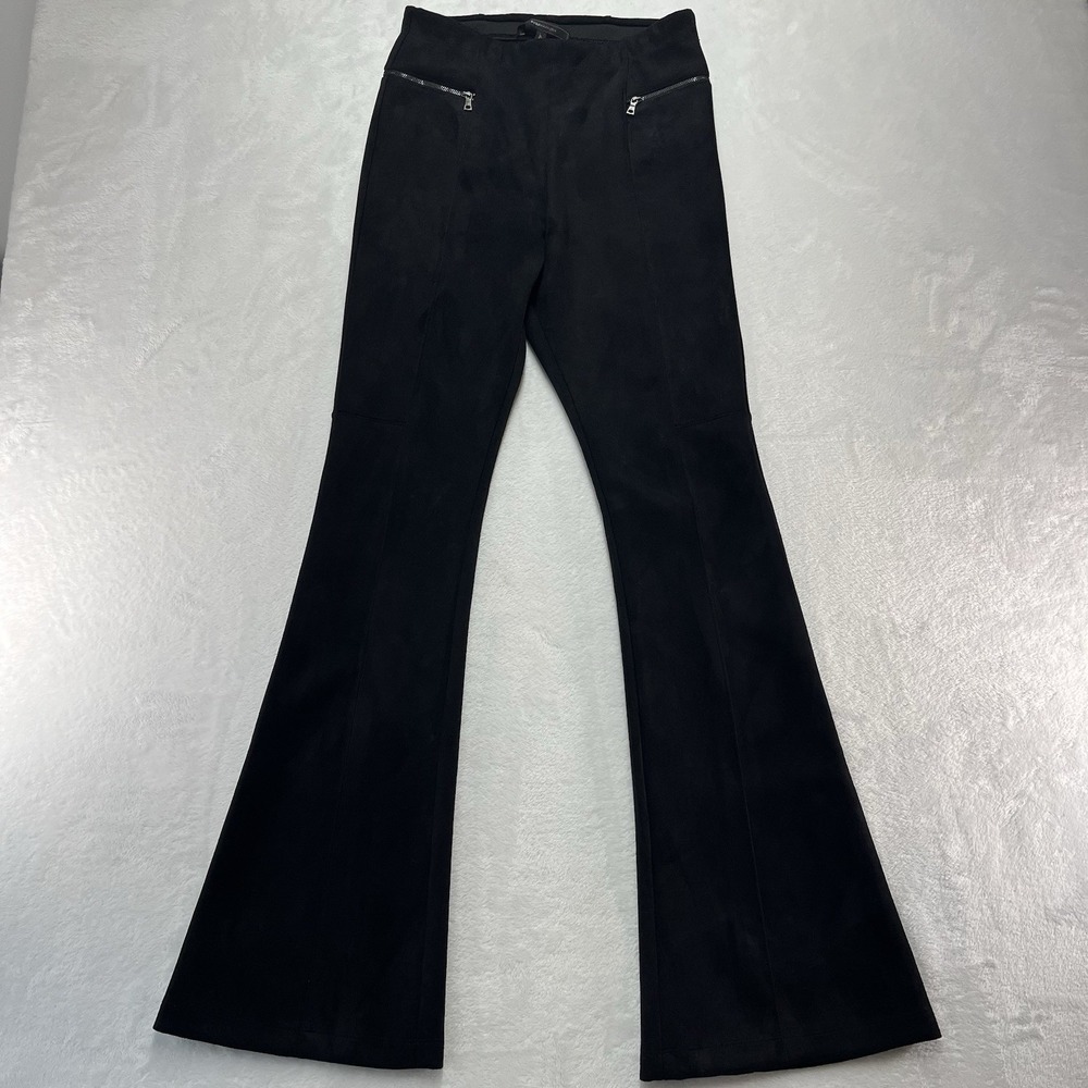BCBG Maxazria Faux Suede Flare Leg Pull On Pants Womens Small Black Zippers